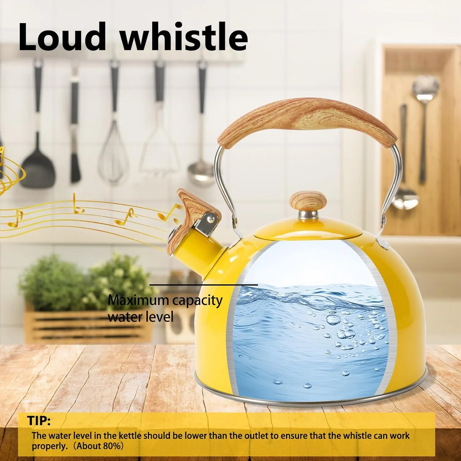 Tea Kettle,Whistling Tea Kettle Stovetop 2.6 Quart, Tea Pots for Stove Top Food Grade Stainless Steel,Wood Pattern Handle(Yellow),With Anti Scald Towel