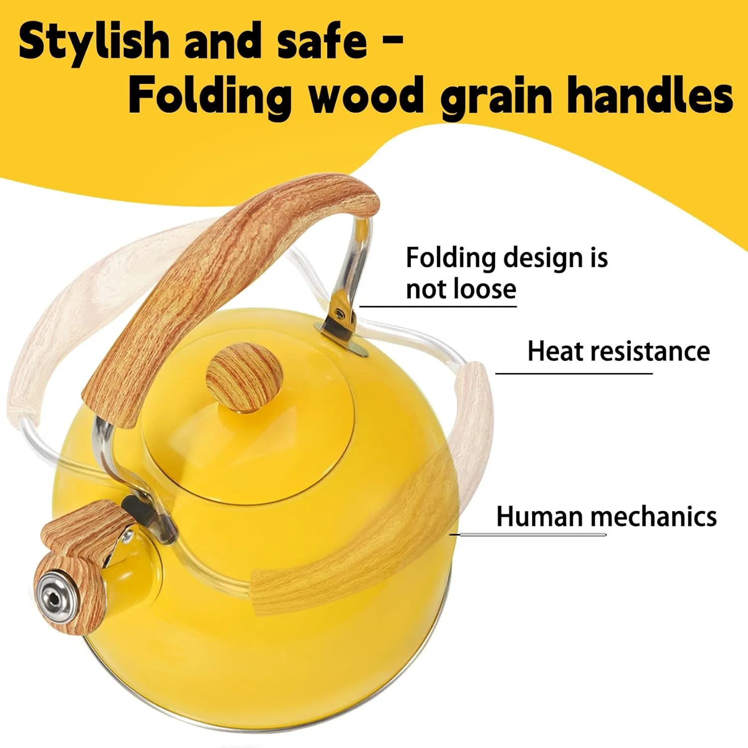 Tea Kettle,Whistling Tea Kettle Stovetop 2.6 Quart, Tea Pots for Stove Top Food Grade Stainless Steel,Wood Pattern Handle(Yellow),With Anti Scald Towel