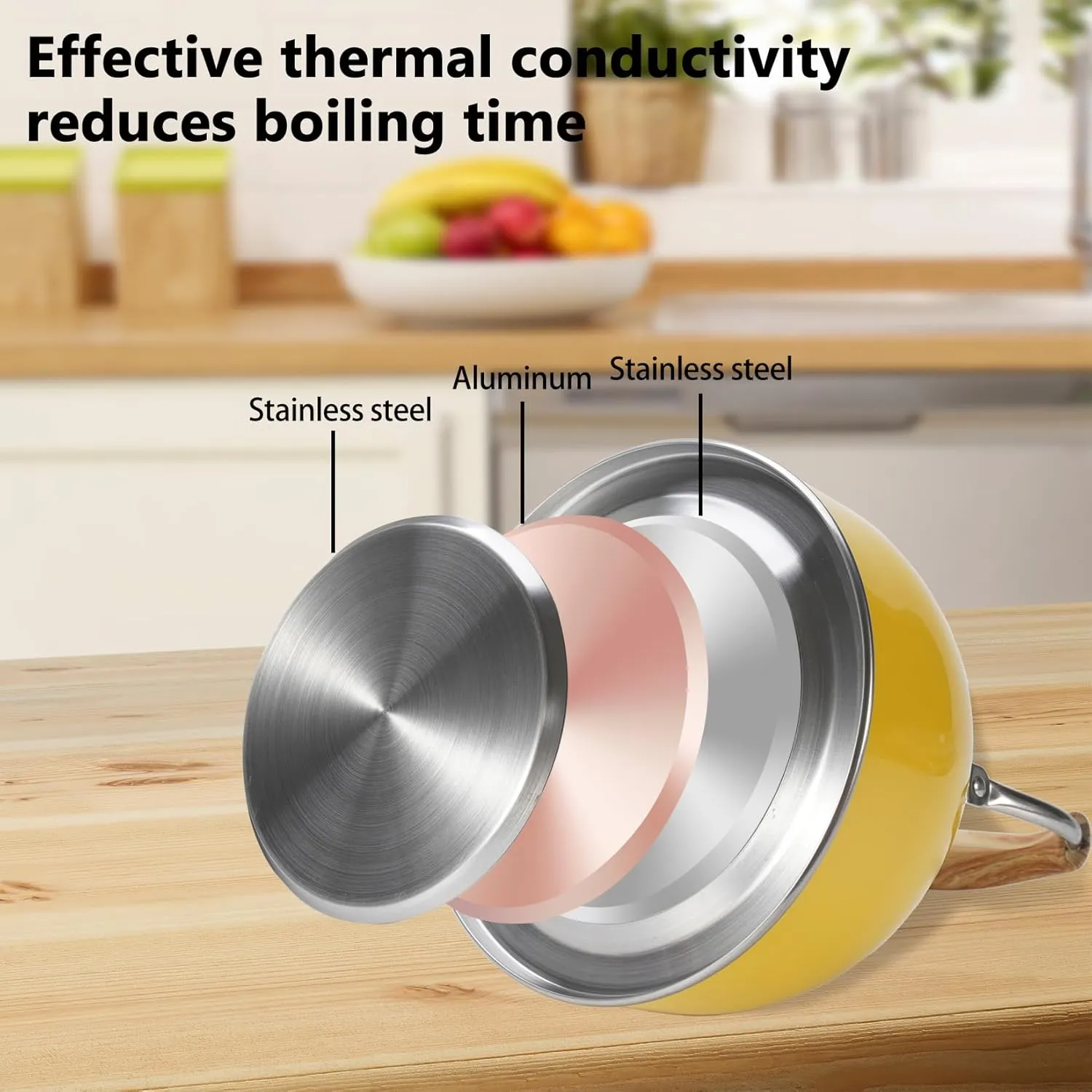 Tea Kettle,Whistling Tea Kettle Stovetop 2.6 Quart, Tea Pots for Stove Top Food Grade Stainless Steel,Wood Pattern Handle(Yellow),With Anti Scald Towel