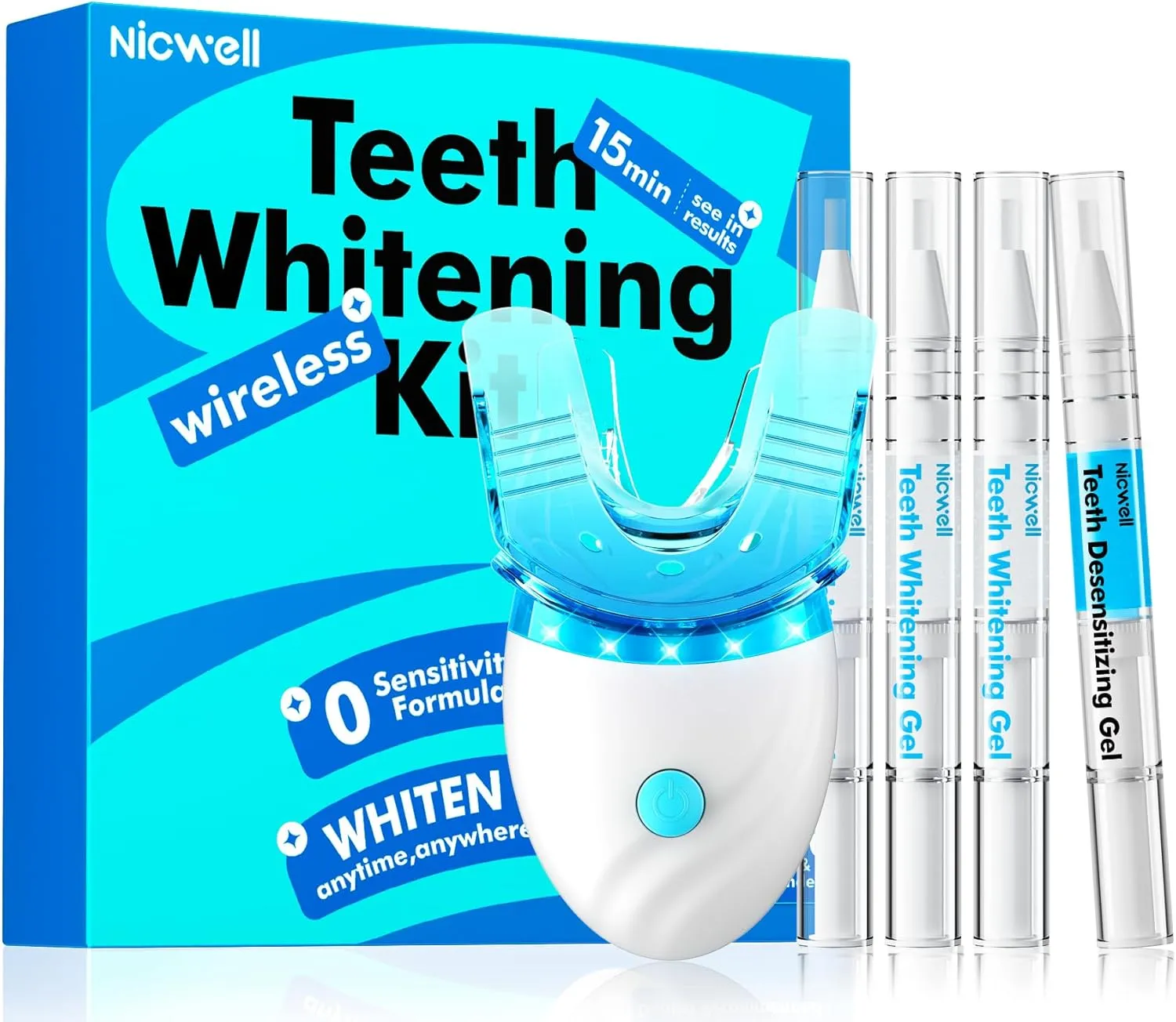 Teeth Whitening Kit for Sensitive Tooth: Nicwell White Teeth with LED Light, 35% Carbamide Peroxide Gel Pen Dental Mouth Tray Storage Case, Professional Oral Care Whitener Product for Home Work Travel