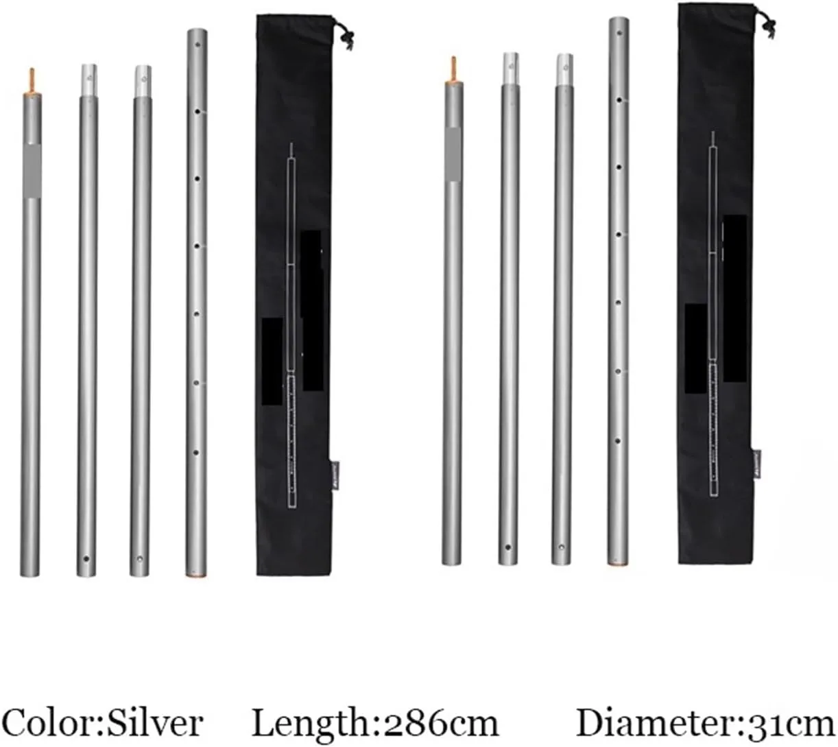 Tent Pole Support Frames Kit Outdoor Support， Thicken Aluminum Alloy Tent Pole Adjustable Tent Support Rods Beach Shelter Tarp Awning Pole Poles for Camping Hiking Tent(Silver)