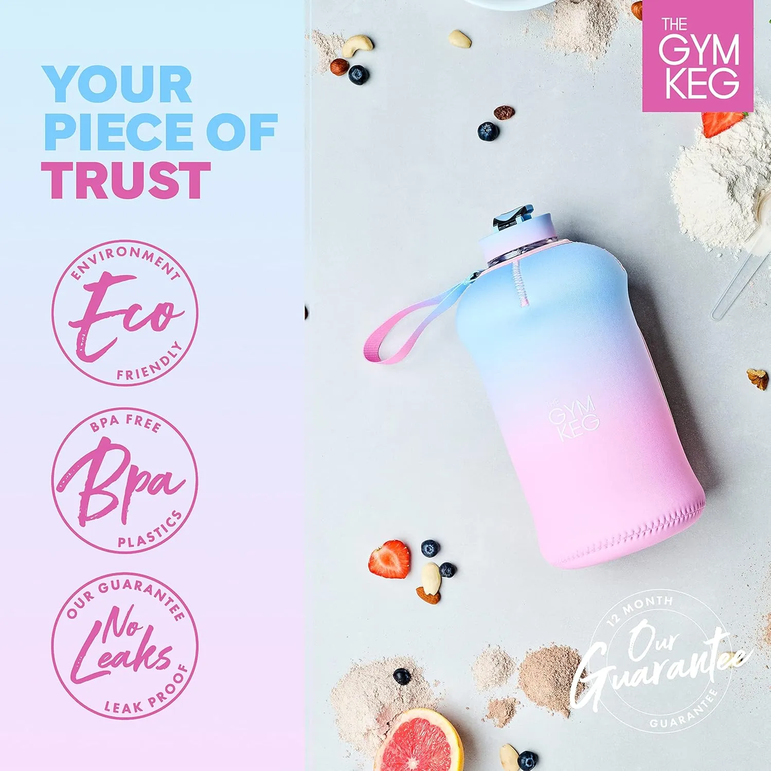 THE GYM KEG Sports Water Bottle Insulated | Half Gallon | Carry Handle | Big Water Jug For Sport | Large Reusable Water Bottles | Ecofriendly, Tritan BPA Free Plastic, Leakproof (Cotton Candy, 2.2 L)