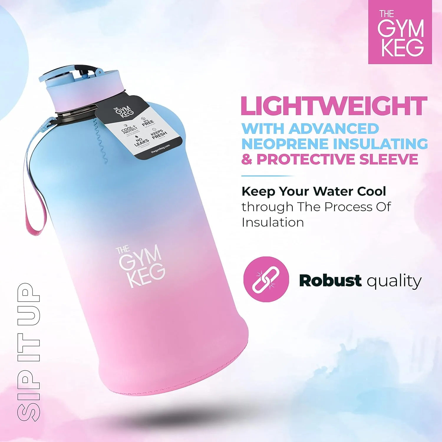 THE GYM KEG Sports Water Bottle Insulated | Half Gallon | Carry Handle | Big Water Jug For Sport | Large Reusable Water Bottles | Ecofriendly, Tritan BPA Free Plastic, Leakproof (Cotton Candy, 2.2 L)