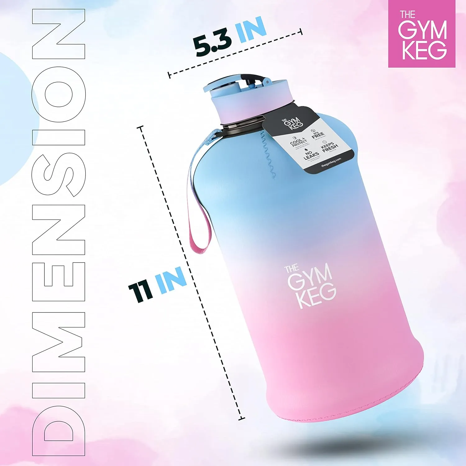 THE GYM KEG Sports Water Bottle Insulated | Half Gallon | Carry Handle | Big Water Jug For Sport | Large Reusable Water Bottles | Ecofriendly, Tritan BPA Free Plastic, Leakproof (Cotton Candy, 2.2 L)