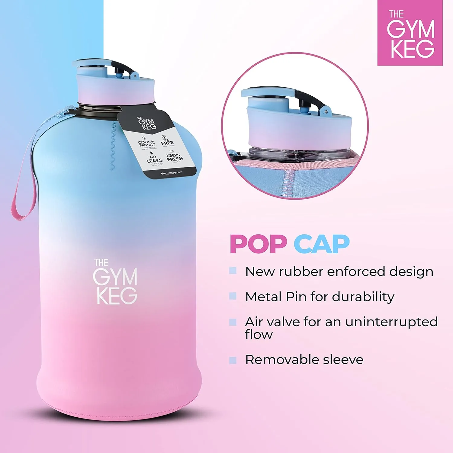THE GYM KEG Sports Water Bottle Insulated | Half Gallon | Carry Handle | Big Water Jug For Sport | Large Reusable Water Bottles | Ecofriendly, Tritan BPA Free Plastic, Leakproof (Cotton Candy, 2.2 L)