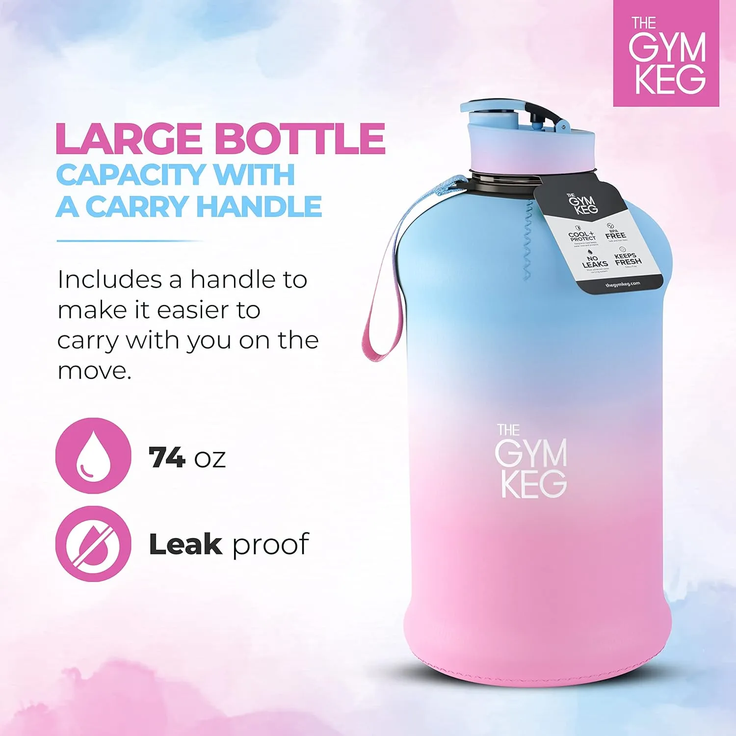THE GYM KEG Sports Water Bottle Insulated | Half Gallon | Carry Handle | Big Water Jug For Sport | Large Reusable Water Bottles | Ecofriendly, Tritan BPA Free Plastic, Leakproof (Cotton Candy, 2.2 L)