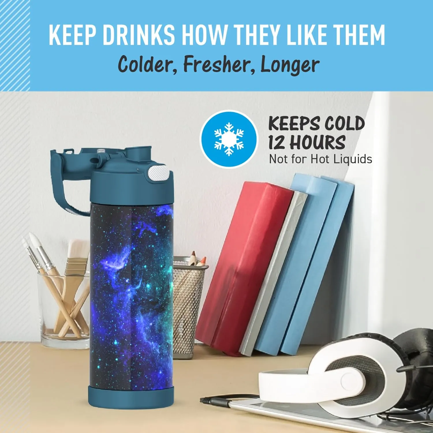 THERMOS FUNTAINER 16 Ounce Stainless Steel Vacuum Insulated Bottle with Wide Spout Lid, Galaxy Teal