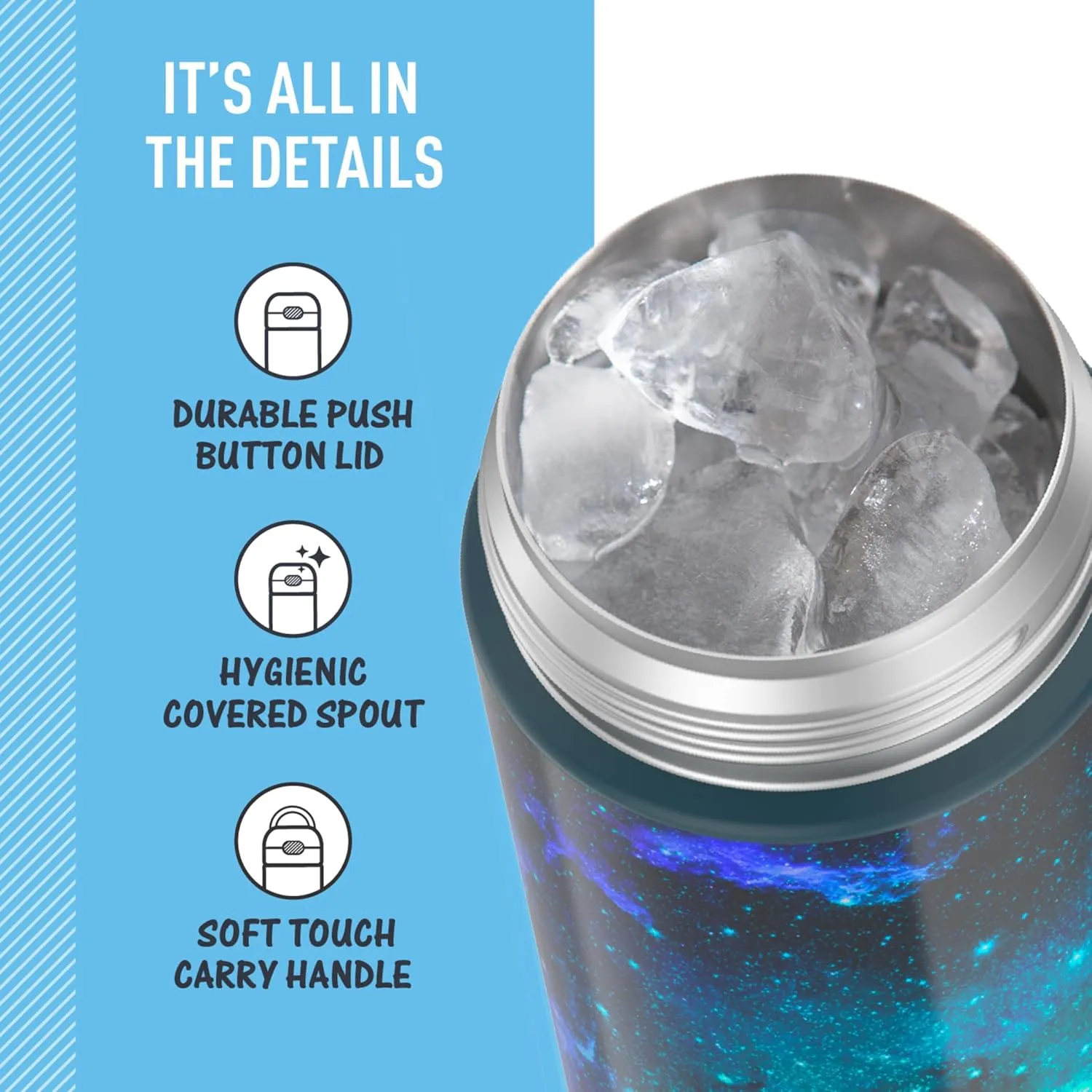 THERMOS FUNTAINER 16 Ounce Stainless Steel Vacuum Insulated Bottle with Wide Spout Lid, Galaxy Teal