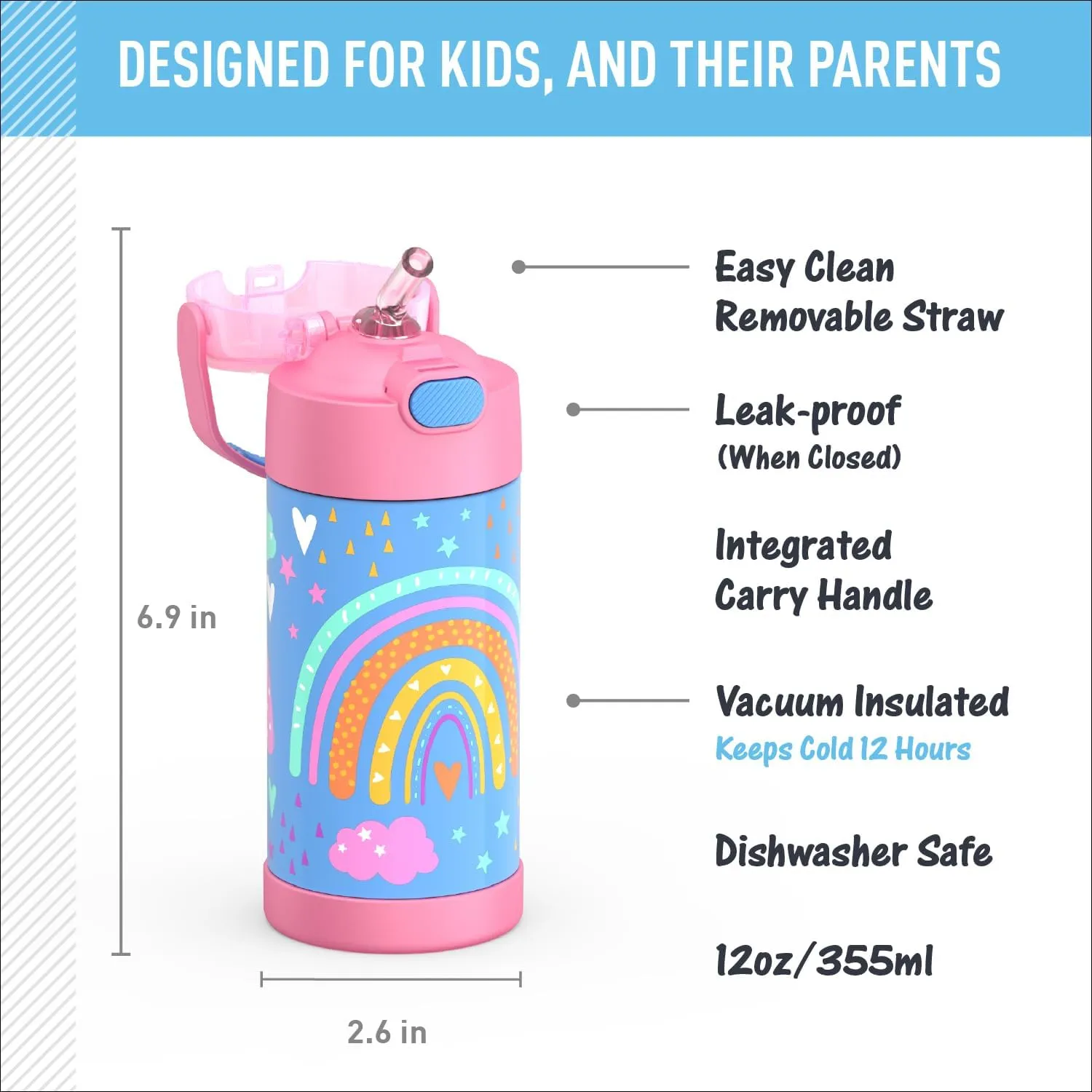 THERMOS FUNTAINER Water Bottle with Straw - 12 Ounce - Kids Stainless Steel Vacuum Insulated Water Bottle with Lid, Rainbow Dreams