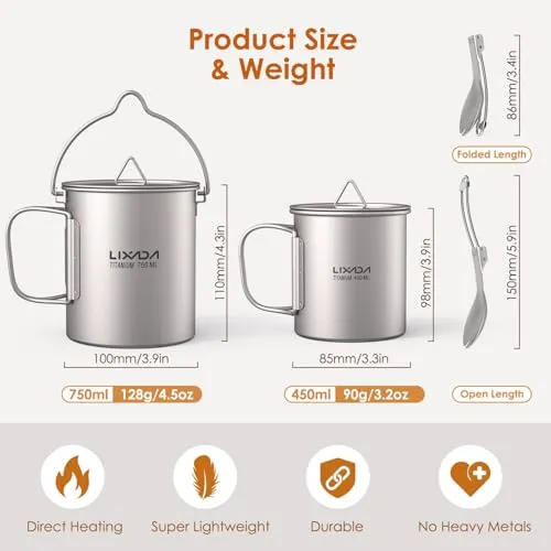 Titanium Camping Cookware w/ Folding Spork,750ml Camping Titanium Pot & Coffee Mug