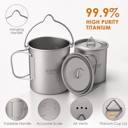 Titanium Camping Cookware w/ Folding Spork,750ml Camping Titanium Pot & Coffee Mug