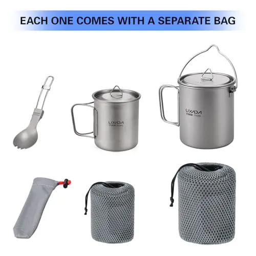 Titanium Camping Cookware w/ Folding Spork,750ml Camping Titanium Pot & Coffee Mug