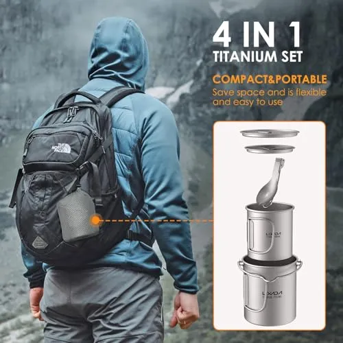 Titanium Camping Cookware w/ Folding Spork,750ml Camping Titanium Pot & Coffee Mug