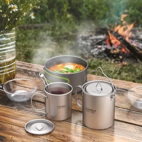 Titanium Camping Cookware w/ Folding Spork,750ml Camping Titanium Pot & Coffee Mug