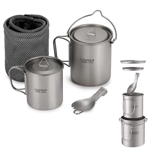 Titanium Camping Cookware w/ Folding Spork,750ml Camping Titanium Pot & Coffee Mug