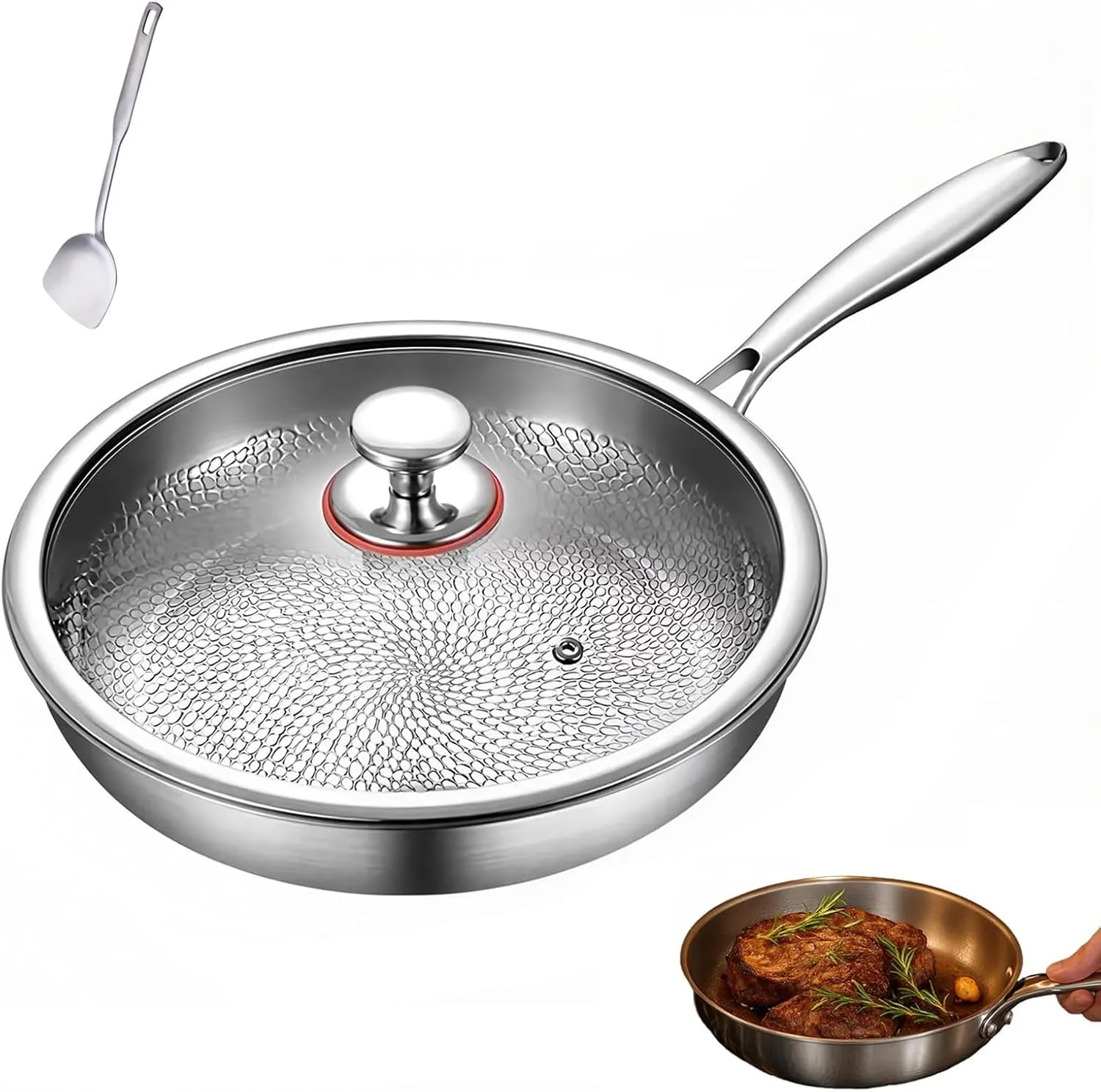 Titanium Hammered Pan Pro with Lid, Multifunctional Ultra-Durable Scratch-Resistant Non Stick, Even Heating For Cooking (L)