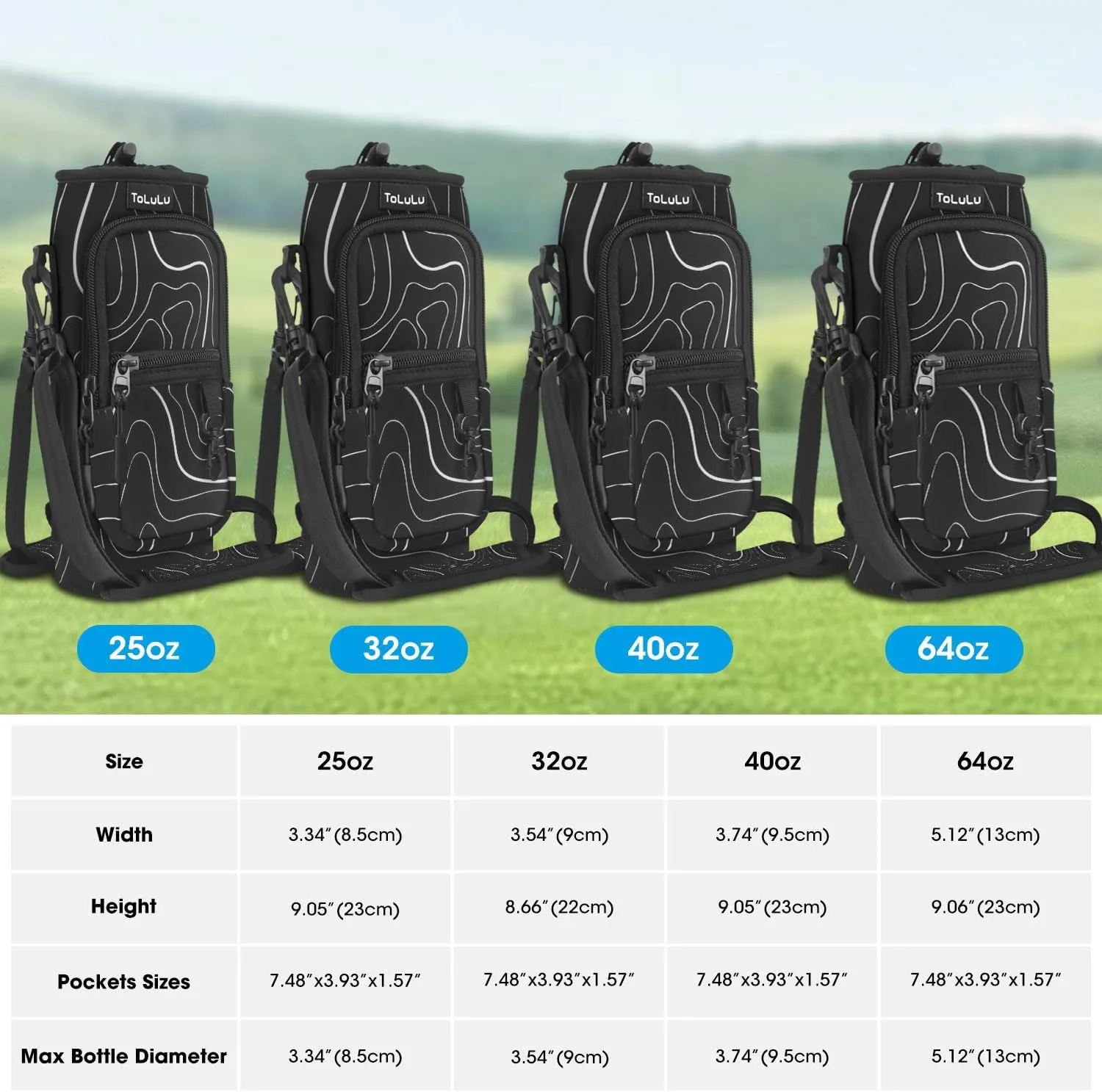 ToLuLu 25/32/40oz Water Bottle Carrier Bag Pocket,Insulated Neoprene Adjustable Shoulder Strap Water Bottle Pouch Case, Crossbody Water Bottle Holder Sling Sleeve for Men Women Adults