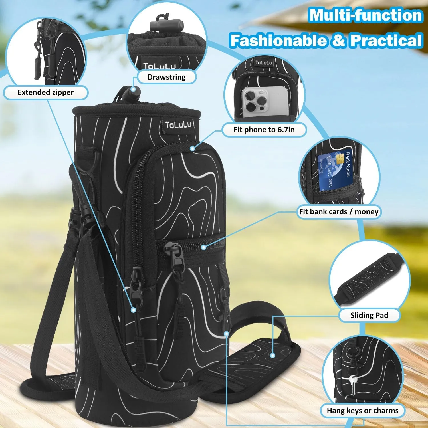 ToLuLu 25/32/40oz Water Bottle Carrier Bag Pocket,Insulated Neoprene Adjustable Shoulder Strap Water Bottle Pouch Case, Crossbody Water Bottle Holder Sling Sleeve for Men Women Adults