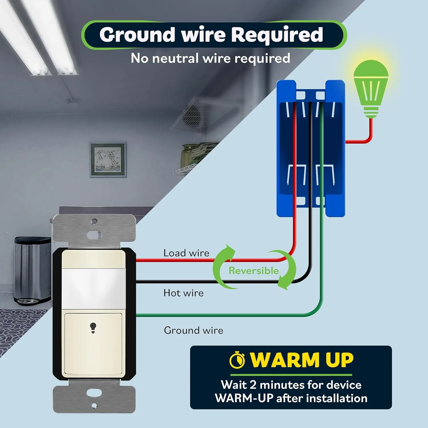 TOPGREENER PIR Motion Sensor Switch, Ambient Light Level Detector, No Neutral Required, 150W LED/CFL, 1/6 HP, Occupancy Vacancy Modes, Ground Wire Required, Single Pole, TDOS5-JM, Light Almond
