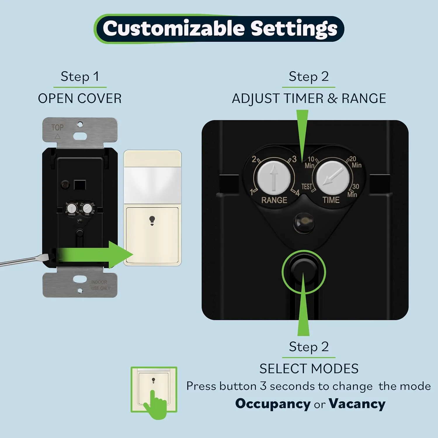 TOPGREENER PIR Motion Sensor Switch, Ambient Light Level Detector, No Neutral Required, 150W LED/CFL, 1/6 HP, Occupancy Vacancy Modes, Ground Wire Required, Single Pole, TDOS5-JM, Light Almond