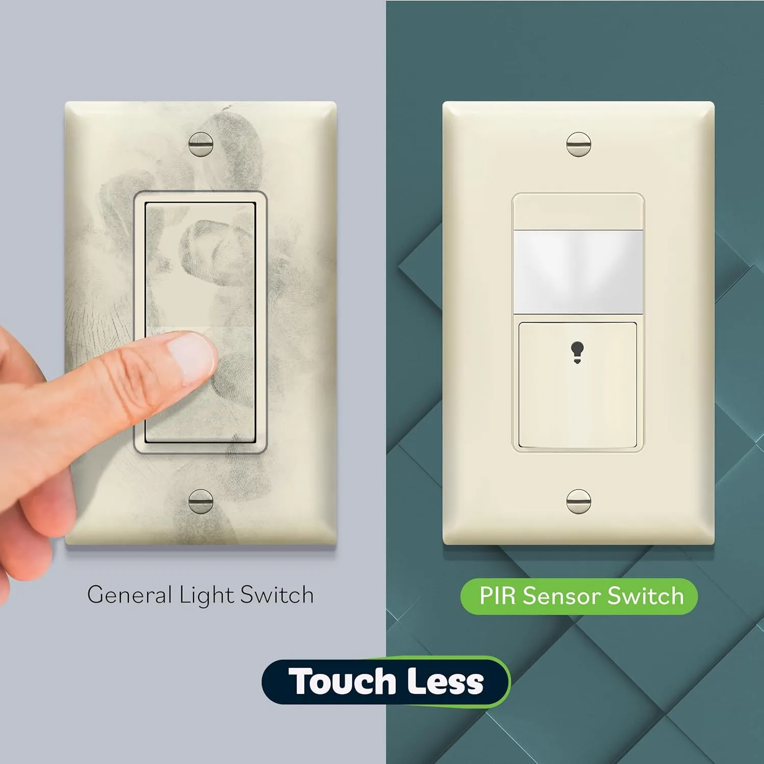 TOPGREENER PIR Motion Sensor Switch, Ambient Light Level Detector, No Neutral Required, 150W LED/CFL, 1/6 HP, Occupancy Vacancy Modes, Ground Wire Required, Single Pole, TDOS5-JM, Light Almond