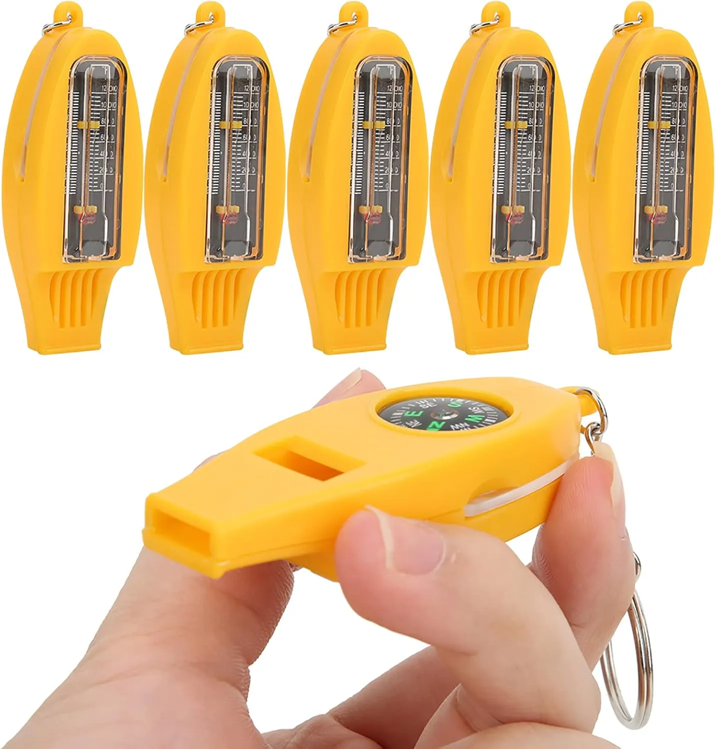 Topyond 5PCS 4-in-1 Outdoor Survival Kit - Compass, Thermometer, Magnifier, and Whistle for Travel, Camping, Hiking, and Climbing