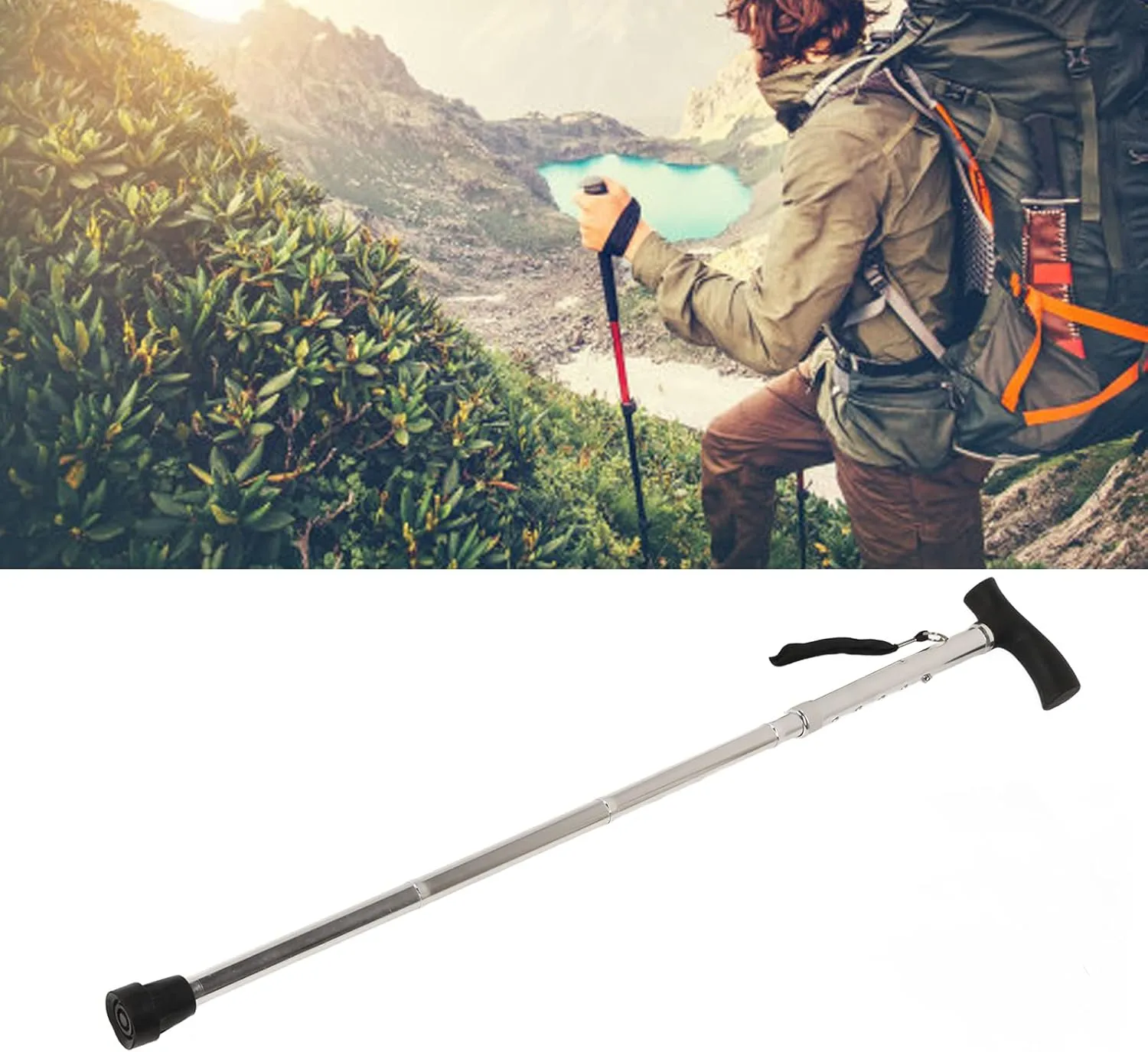 Topyond Walking Stick - 5 Section Folding Aluminum Alloy Rod with Anti-Skid Rubber Pad - Versatile Trekking Stick for Walking, Trekking, and Hiking(Silver)