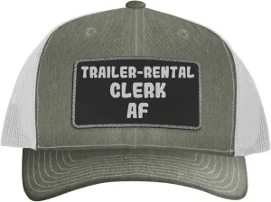 Trailer-Rental Clerk AF - Leather Black Patch Engraved Trucker Hat
