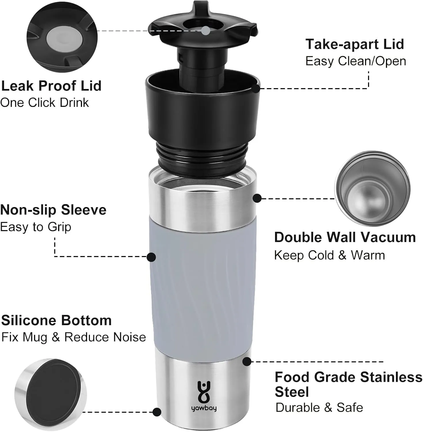 Travel Coffee Mug Spill Proof,17 Oz Travel Mug with 360°Drinking Lid,Double Wall Vacuum Insulated Coffee Travel Mug Stainless Steel Thermal Coffee Thermos Mugs for Hot and Cold Drinks(Grey)