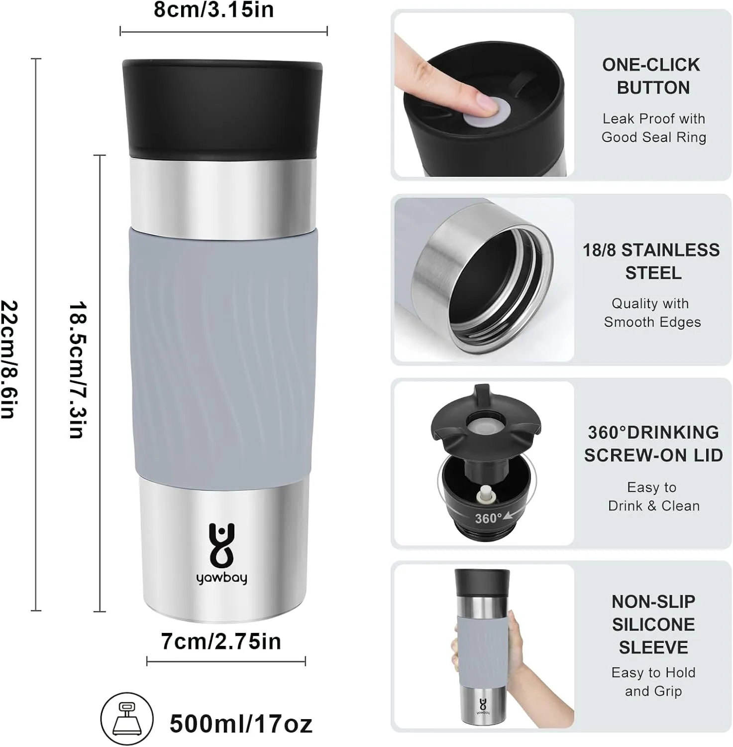 Travel Coffee Mug Spill Proof,17 Oz Travel Mug with 360°Drinking Lid,Double Wall Vacuum Insulated Coffee Travel Mug Stainless Steel Thermal Coffee Thermos Mugs for Hot and Cold Drinks(Grey)