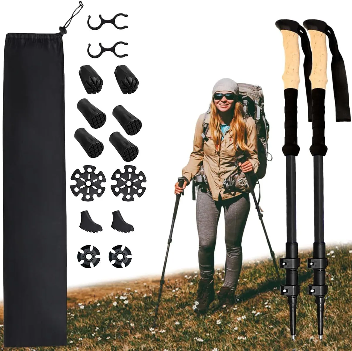 Trekking Poles for Hiking and Walking Collapsible, Lightweight 7075 Hiking Poles, Telescopic Walking Stick Pole for Adult, Children, Seniors, Comfortable Eva Grip, Adjustable Nylon Flip Lock