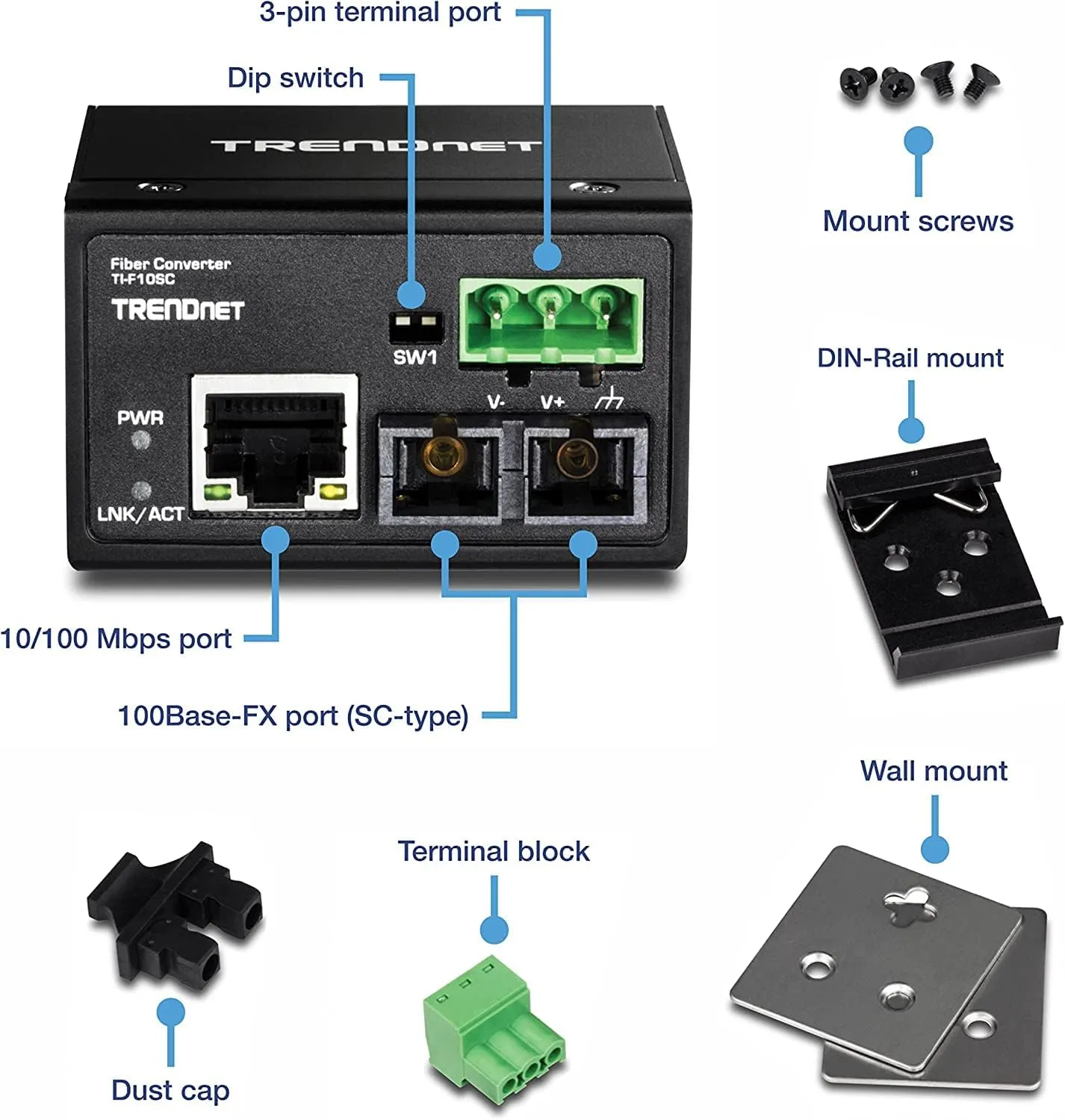 TRENDnet Hardened Industrial 100Base-FX Multi-Mode SC Fiber Converter, (2km, 1.2 Miles), IP40 Rated Housing, TI-F10SC,Black,Lifetime Protection