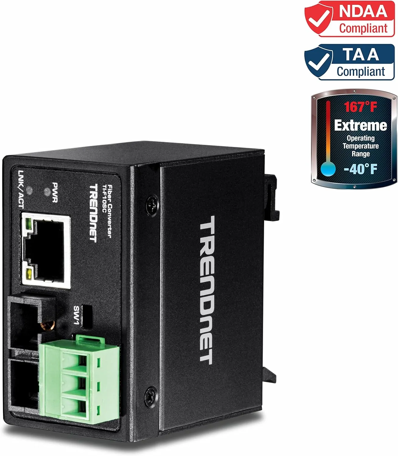 TRENDnet Hardened Industrial 100Base-FX Multi-Mode SC Fiber Converter, (2km, 1.2 Miles), IP40 Rated Housing, TI-F10SC,Black,Lifetime Protection