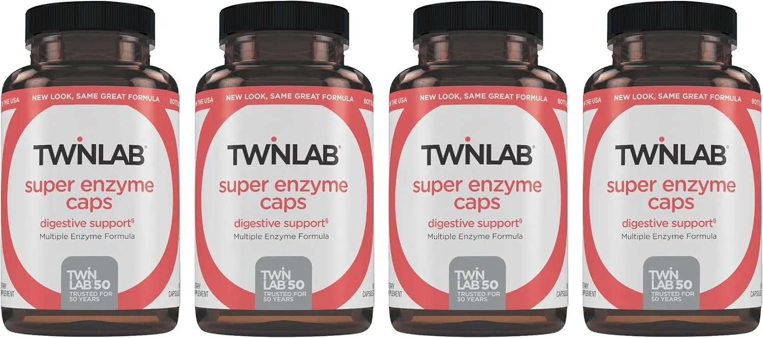 Twinlab Super Enzyme Caps - Constipation Supplement with Digestive Enzymes - 50 Capsules (Pack of 4)