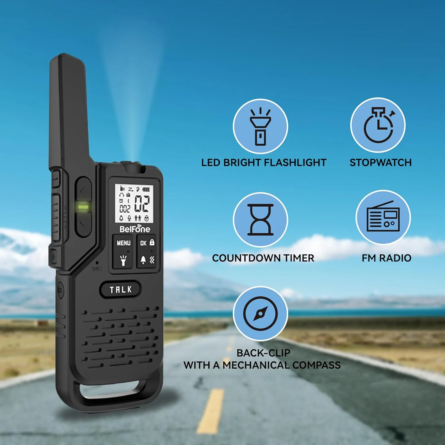 Two BelFone Long Range Walkie Talkies-20 Channels Professional Two Way Radio,IP54 Waterproof Walkie Talkies for Adults,with Flashlight, Stopwatch,Compass,Radio and SOS Sire,Support VOX Function