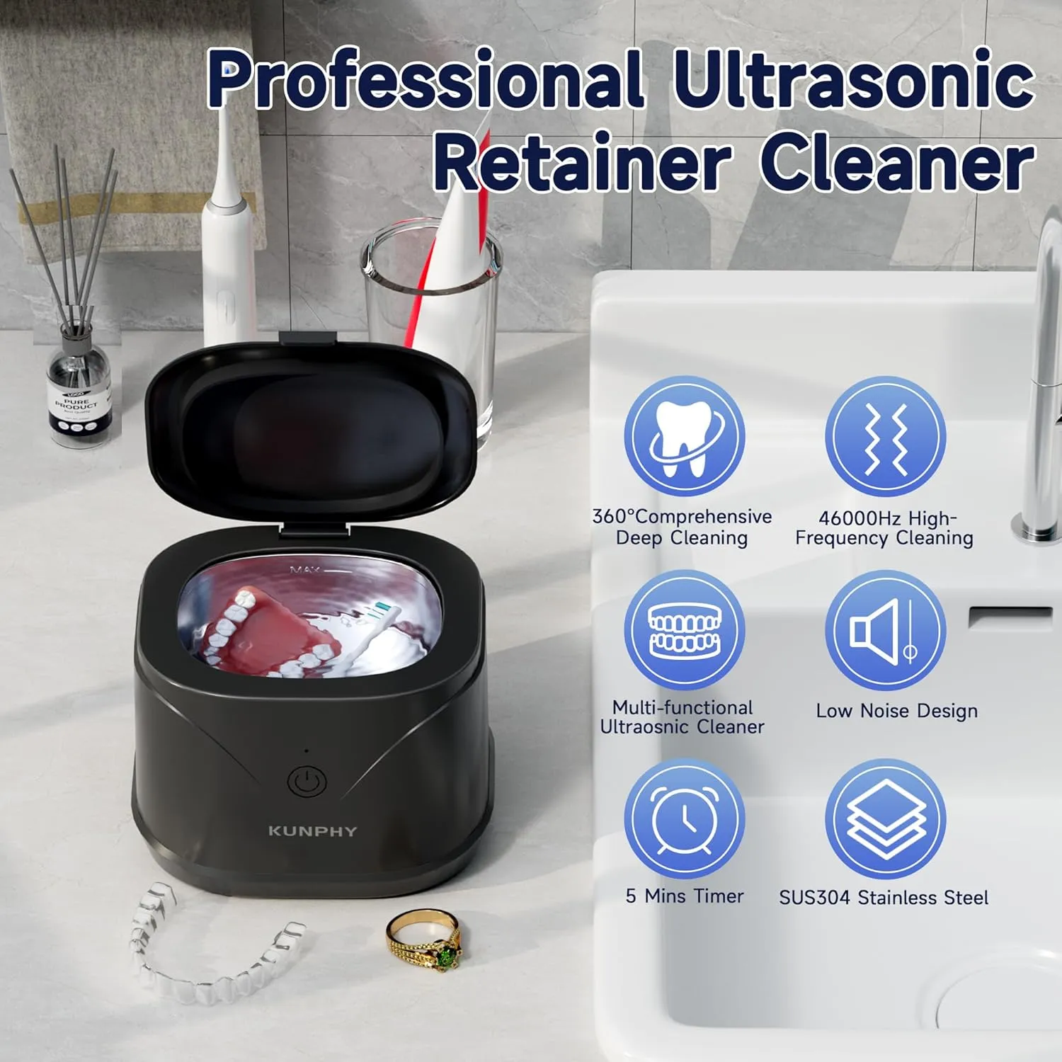 Ultrasonic Retainer Cleaner, KUNPHY 46KHz Professional Ultrasonic Cleaner 7.5Oz, Retainer Cleaner Machine for Dentures, Braces, Aligner, Dental Appliances (Black)