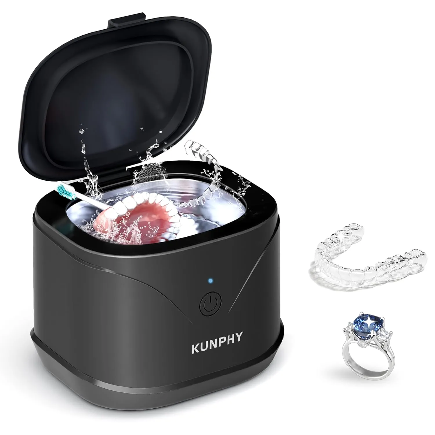Ultrasonic Retainer Cleaner, KUNPHY 46KHz Professional Ultrasonic Cleaner 7.5Oz, Retainer Cleaner Machine for Dentures, Braces, Aligner, Dental Appliances (Black)