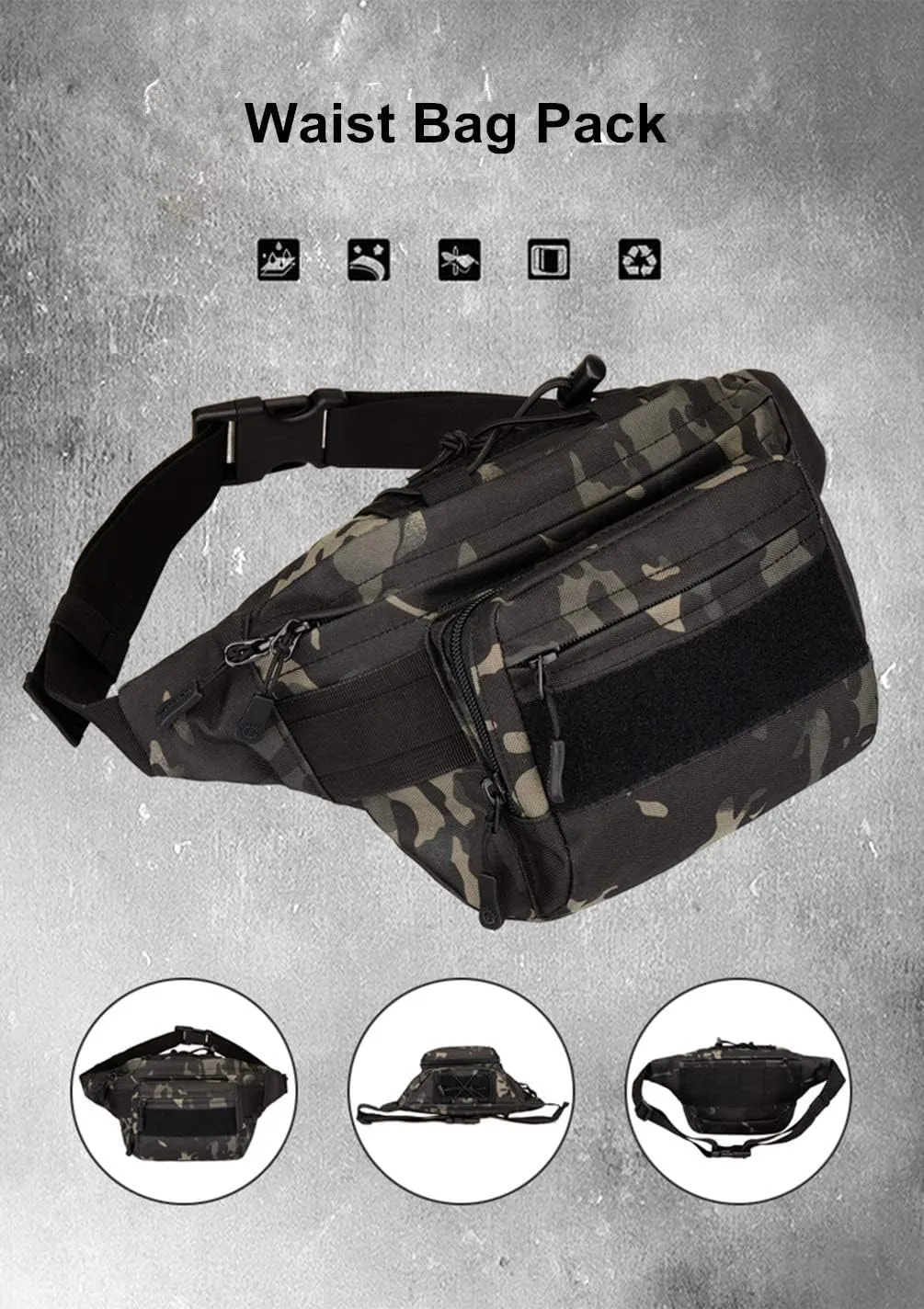 UNISTRENGH Tactical Fanny Pack Military Waist Bag Hip Belt Bumbag Utility Bags for Outdoor Hiking Climbing Fishing (Black-scorpion Camouflage)