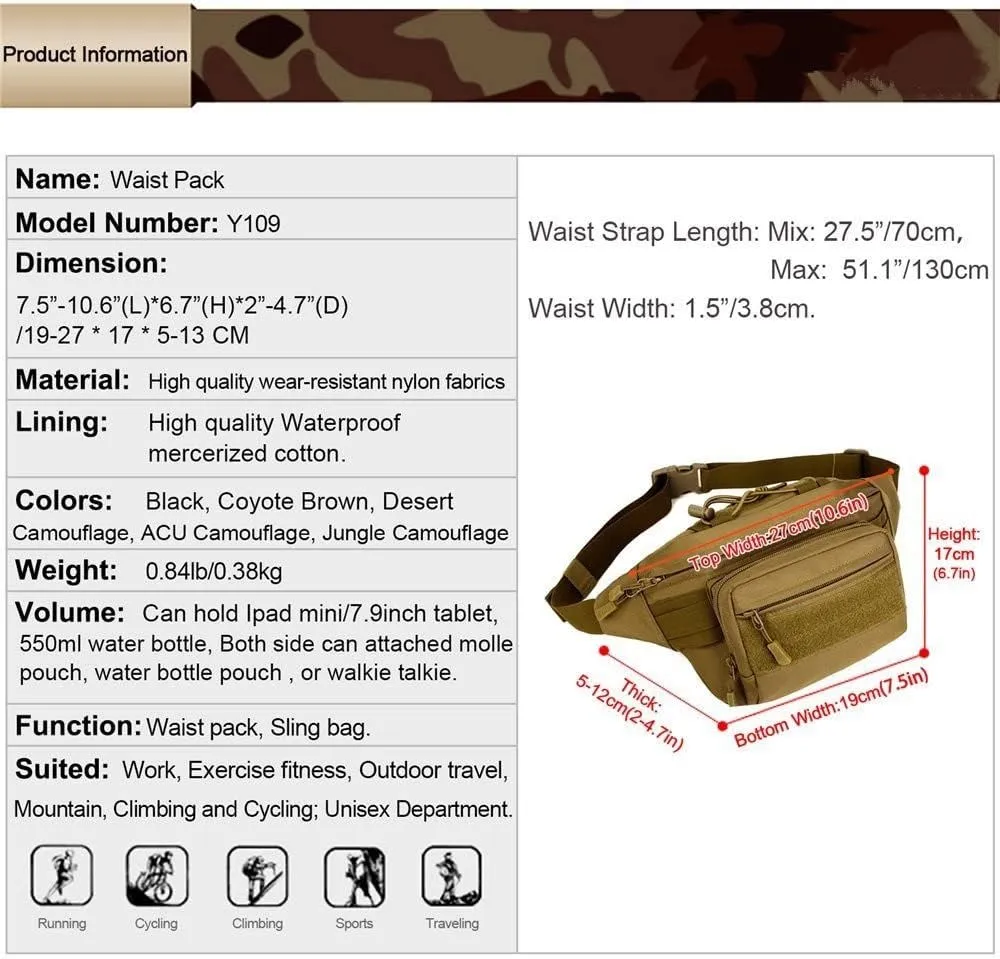 UNISTRENGH Tactical Fanny Pack Military Waist Bag Hip Belt Bumbag Utility Bags for Outdoor Hiking Climbing Fishing (Desert Camouflage)