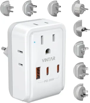 Universal Travel Adapter Kit, VINTAR PD 35W International Power Adapter with 4 AC 3 USB Ports(2 USB C), Type A,B,C,D,E/F,G,I,M Swap Adapt Attachments, Travel Adapter Worldwide for Europe/Africa/AUS