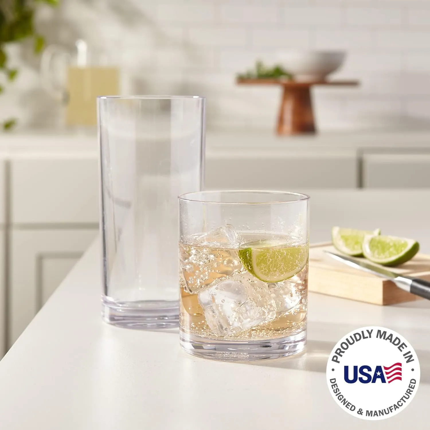 US Acrylic Classic Clear Plastic Reusable Drinking Glasses (Set of 8) 12oz Rocks & 16oz Water Cups | BPA-Free Tumblers, Made in USA | Top-Rack Dishwasher Safe