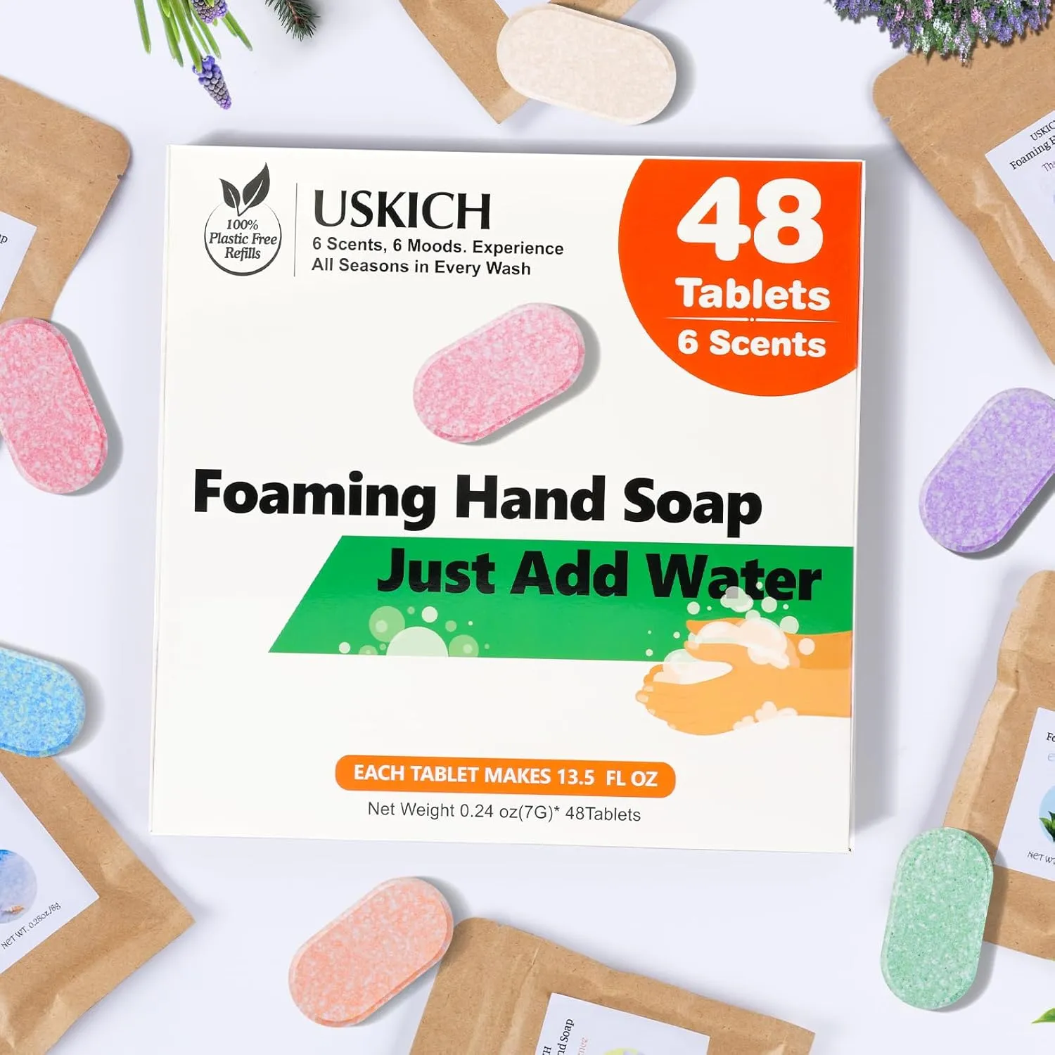 USKICH Foaming Hand Soap Tablet Refills -48Pack | Eco Friendly Products & Cleaning Supplies | Variety Fragrance Soap Refills Tablets for Using With Foaming Hand Soap Dispenser (48 x 8 Fl oz bottles)