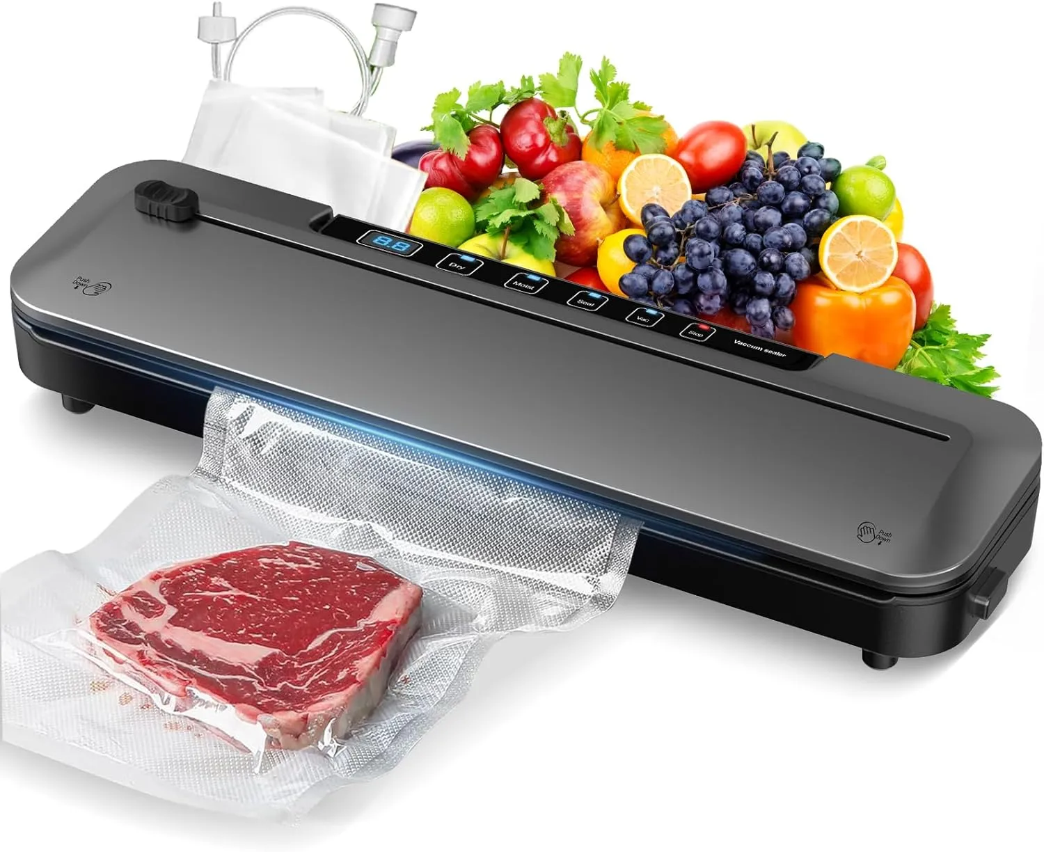 Vacuum Sealer Machine,75Kpa Precision Suction Power 6-in-1 Food Sealer with Digital Timer, Dry & Moist Food Modes, Compact Design with 10 Vacuum Bags & Bulit-in Cutter（Grey)