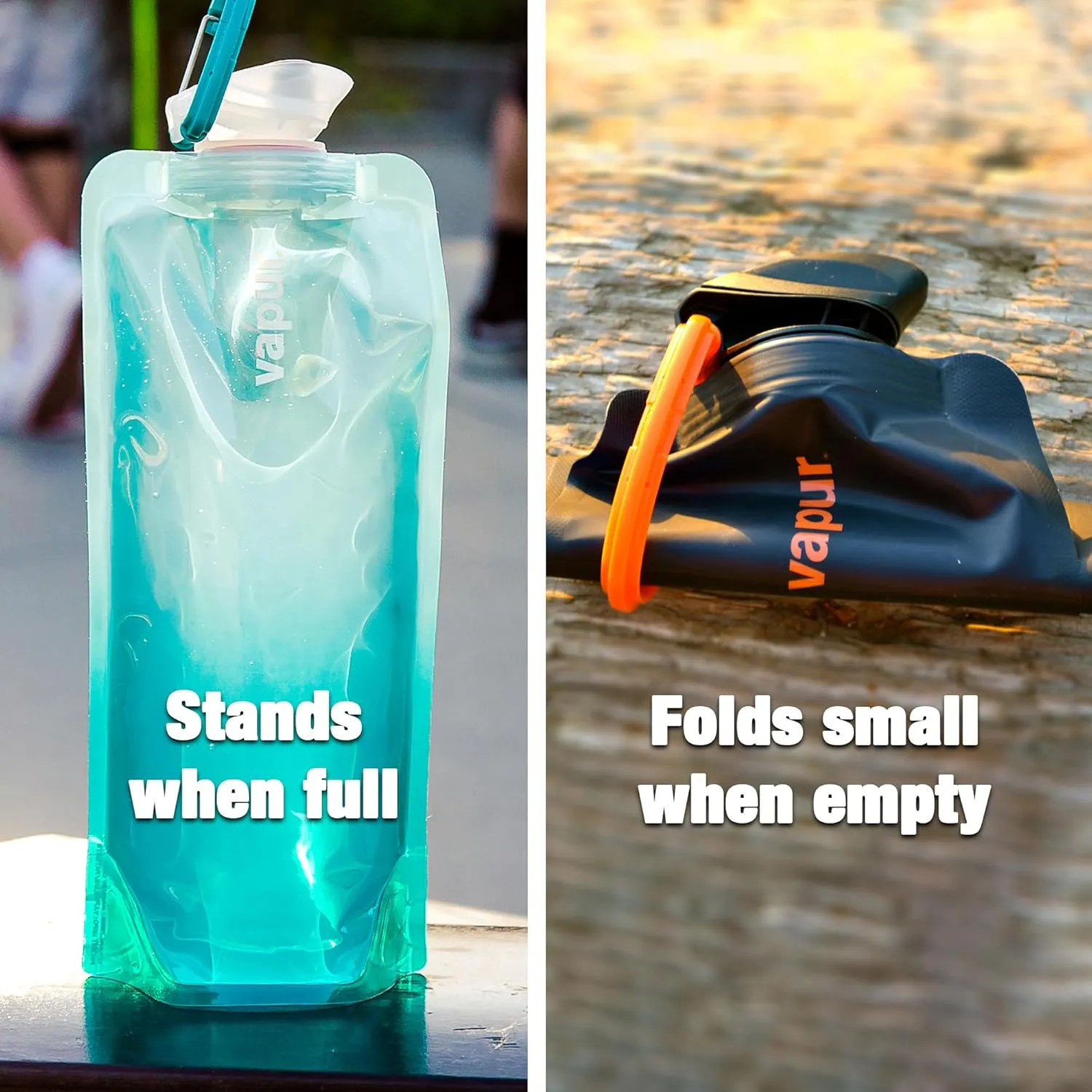 Vapur Collapsible Water Bottle With Carabiner, Compact Bottle Folds Flat For Hydration On The Go, Ideal for Traveling, Hiking or Camping, 23 Ounce, Fire, Pack of 2