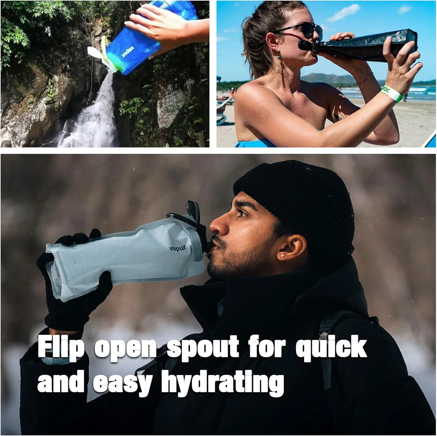 Vapur Collapsible Water Bottle With Carabiner, Compact Bottle Folds Flat For Hydration On The Go, Ideal for Traveling, Hiking or Camping, 23 Ounce, Fire, Pack of 2