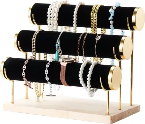 Velvet Gilt-Edging Jewelry Display Stand, Bracelet Holder With 3-Tier Rack, Jewelry Tower With 3-Tier Detachable Rack, Wooden Tray For Wrist Watch, Scrunchies, Bangles, And Necklaces