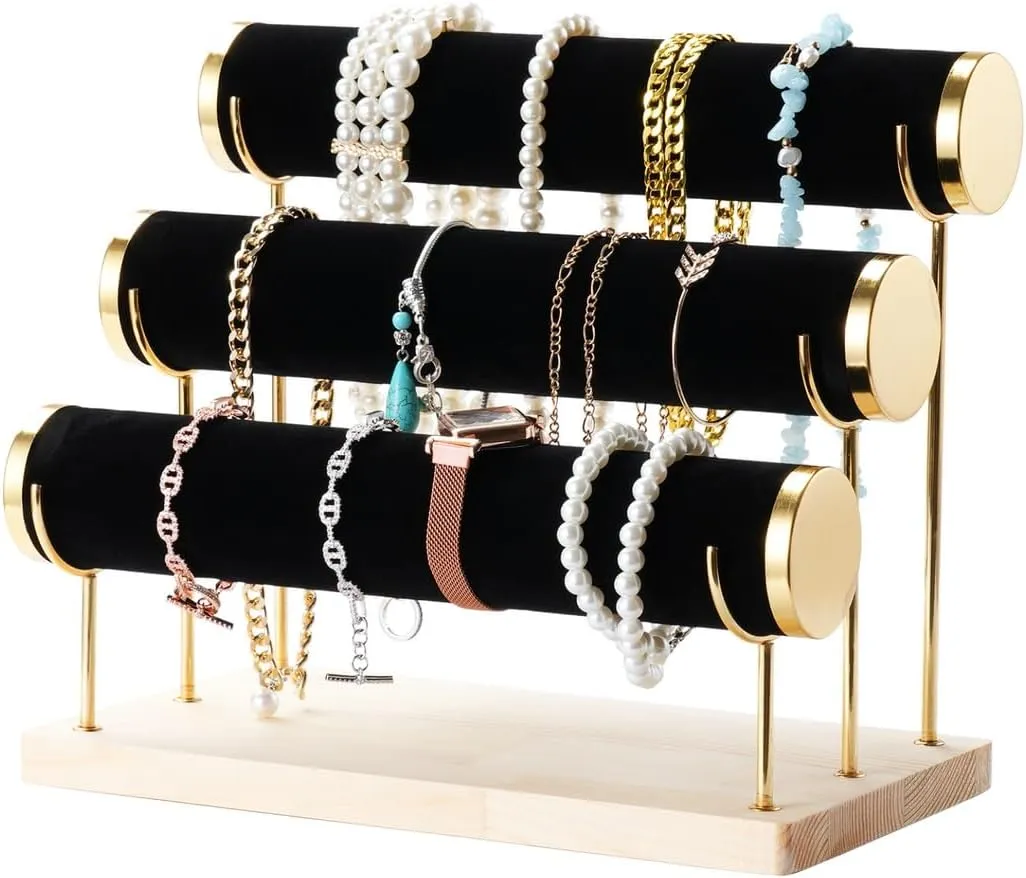 Velvet Gilt-Edging Jewelry Display Stand, Bracelet Holder With 3-Tier Rack, Jewelry Tower With 3-Tier Detachable Rack, Wooden Tray For Wrist Watch, Scrunchies, Bangles, And Necklaces