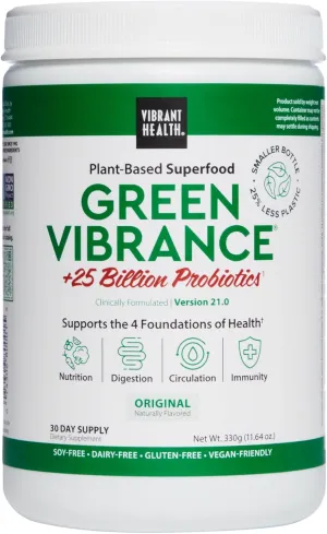 Vibrant Health, Green Vibrance, Includes 65 Plant-Based Superfoods, 25 Billion Probiotics, Fiber, Adaptogens & Enzymes, 30 Servings