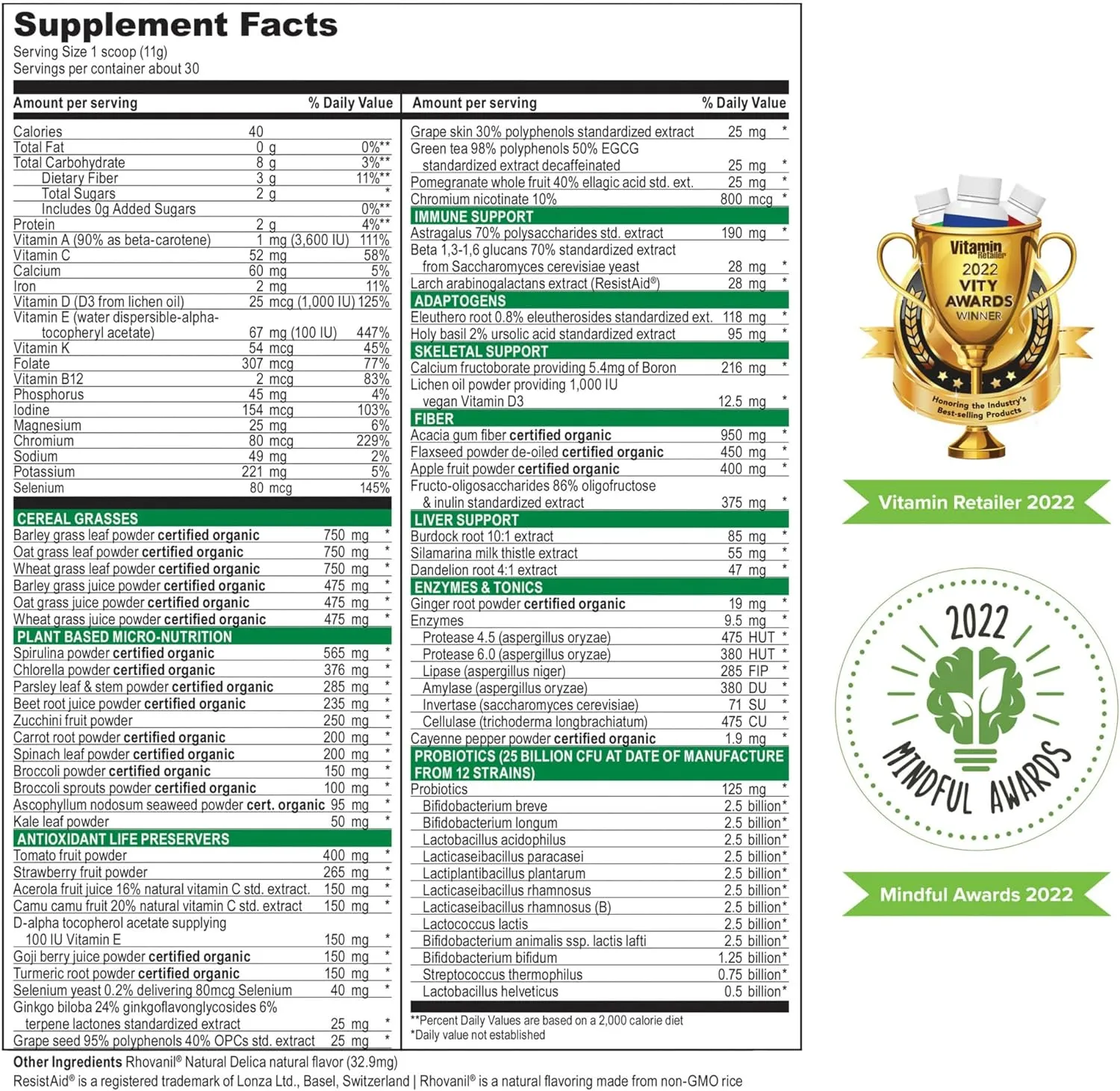 Vibrant Health, Green Vibrance, Includes 65 Plant-Based Superfoods, 25 Billion Probiotics, Fiber, Adaptogens & Enzymes, 30 Servings