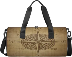 Vintage Compass Sports Duffel Bag, Gym Tote Bag Waterproof Weekender Travel Bag for Overnight Travel Luggage Workout Women Men